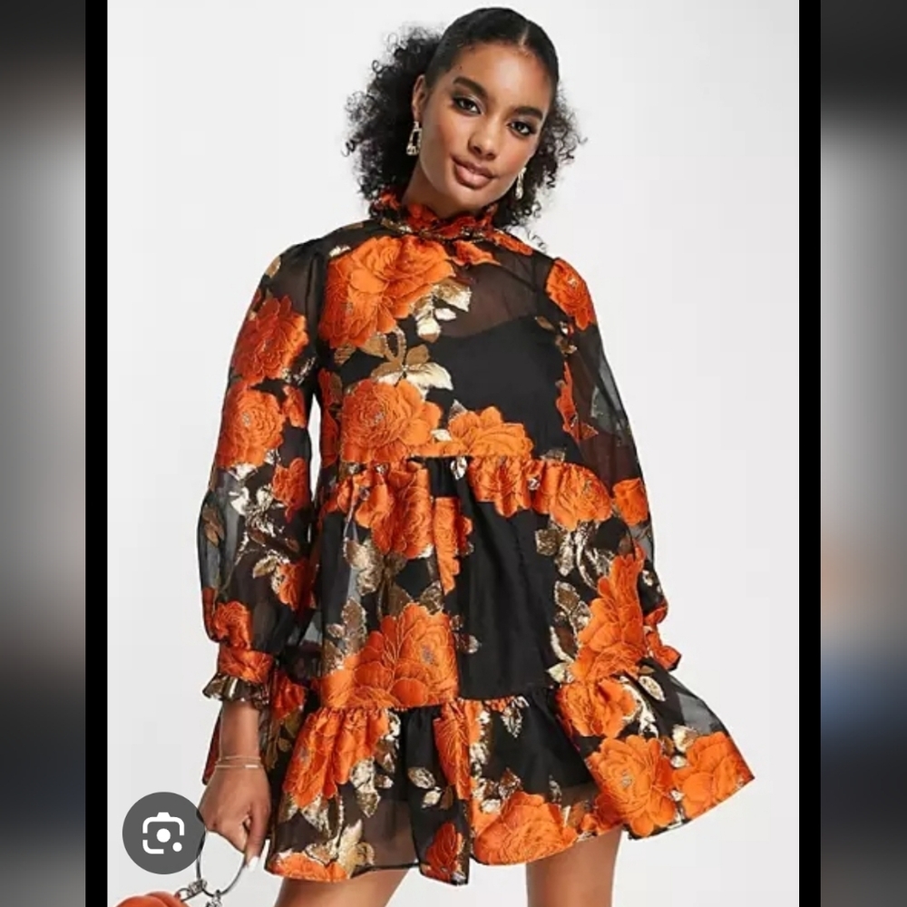 ASOS Florals on High-Neck‎ Ruffle Mini Dress - Orange/Black - Picture 2 of 11